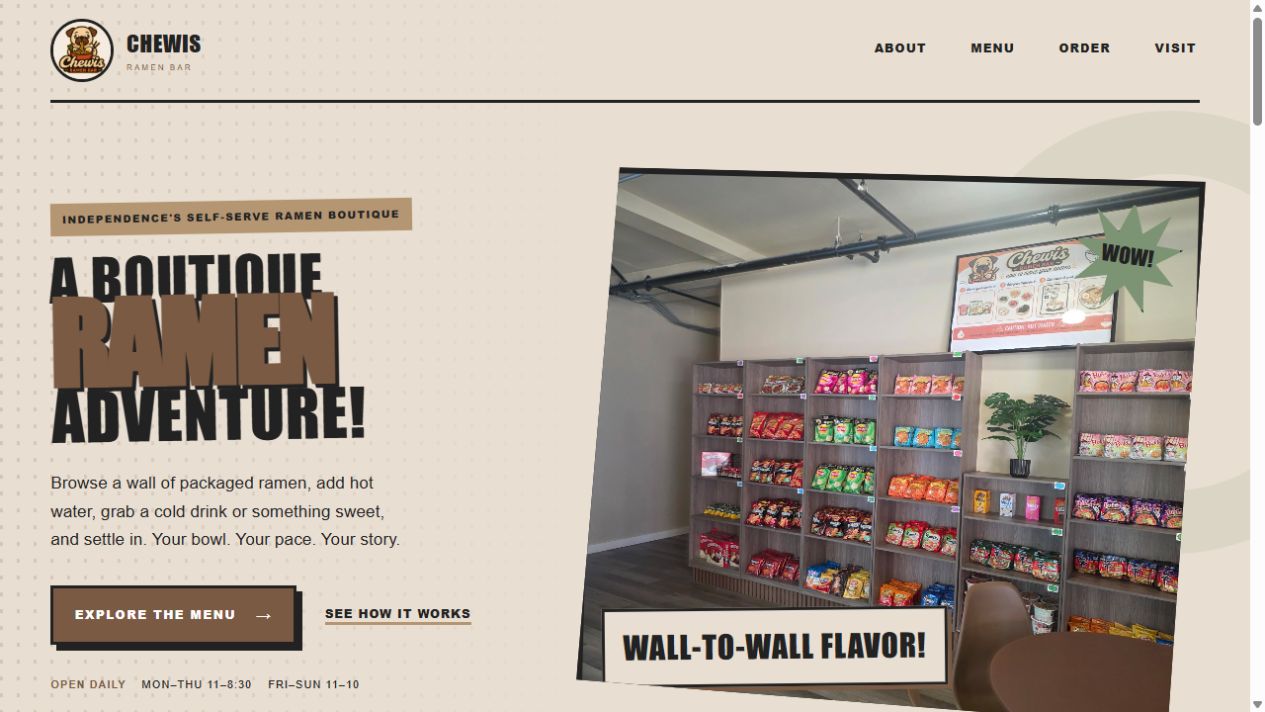 Chewis Ramen Bar website homepage
