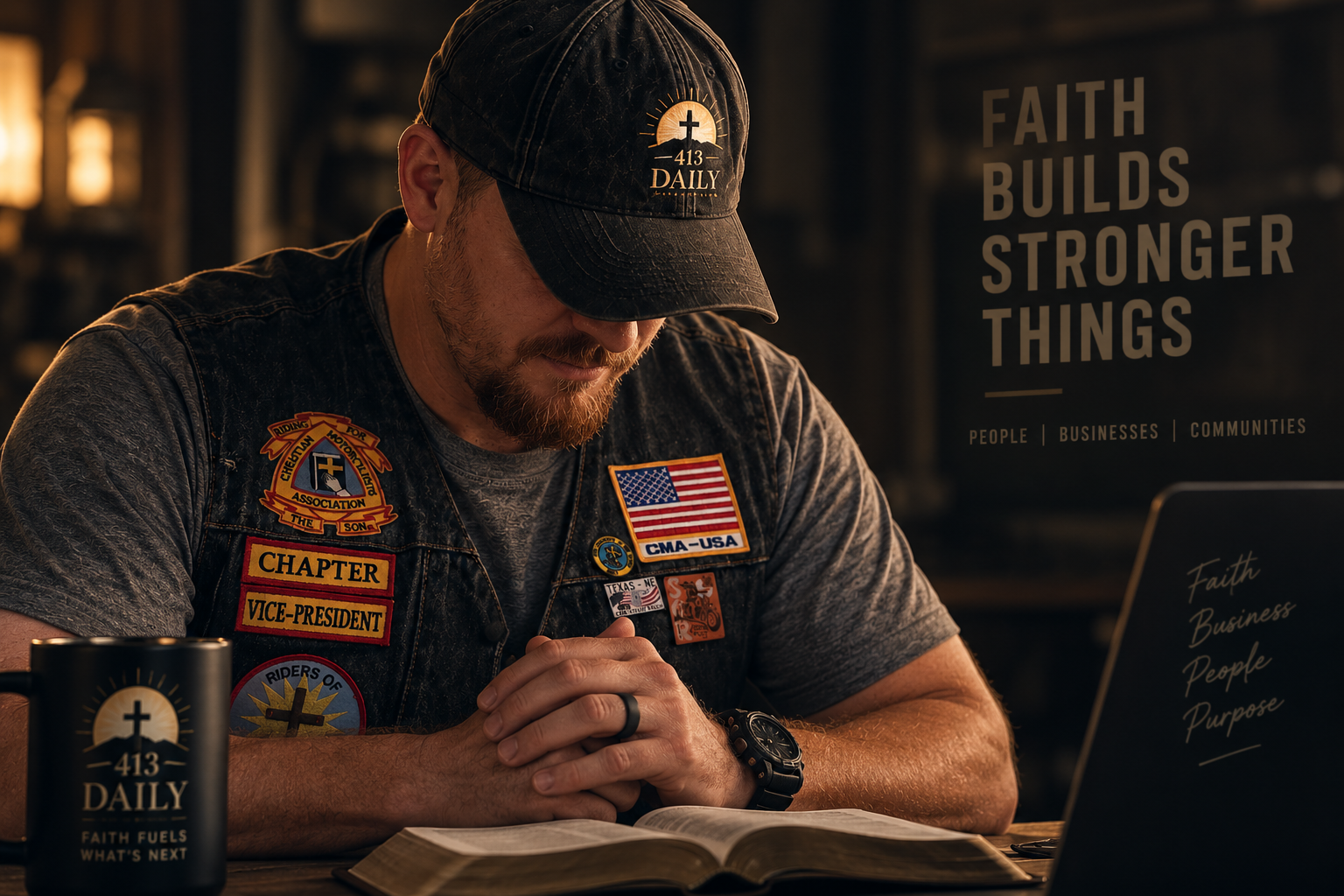Chris, founder of 413 Daily LLC, with an open Bible